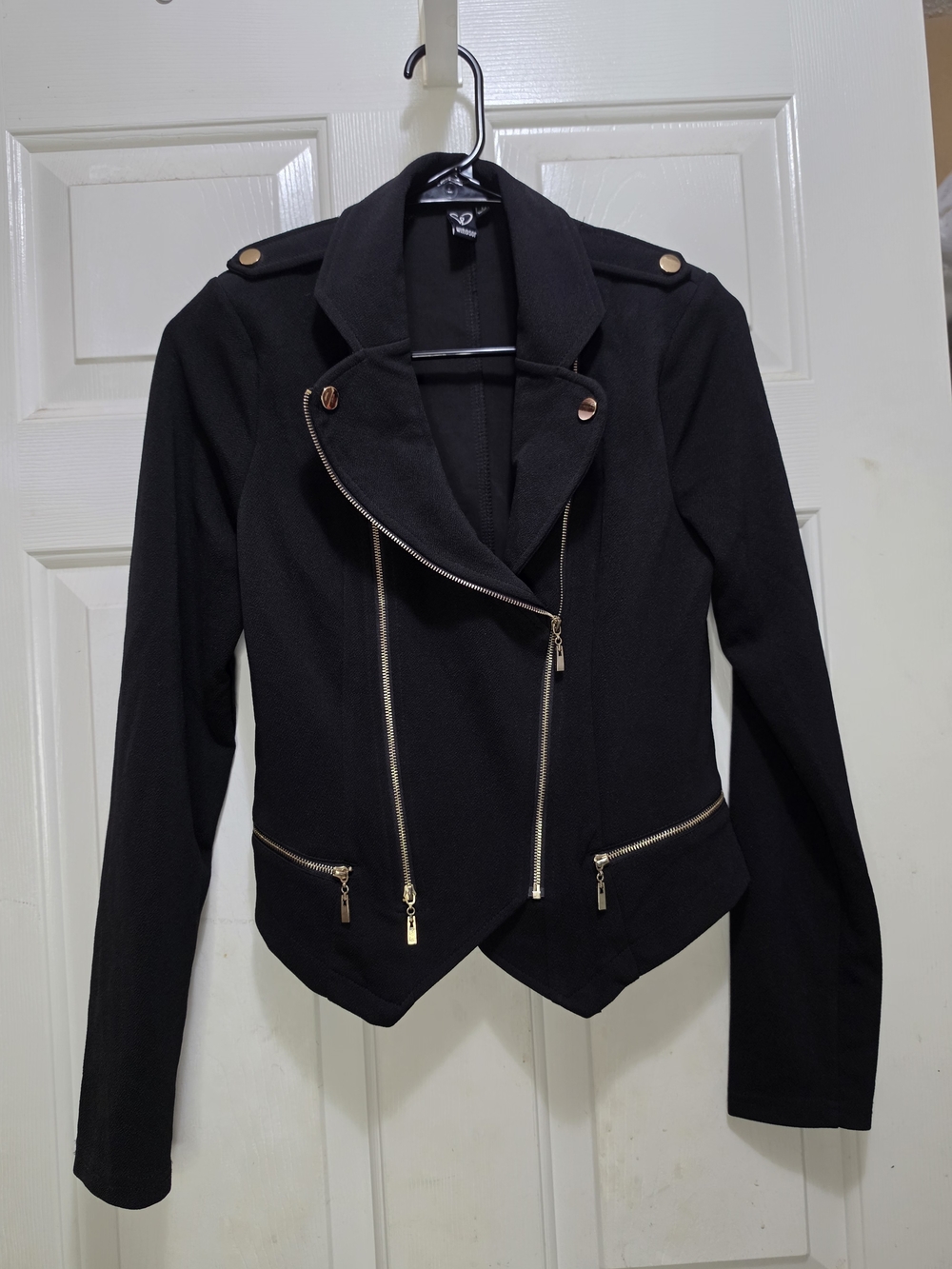 Windsor Black Asymmetrical Zip Blazer with Gold Accents